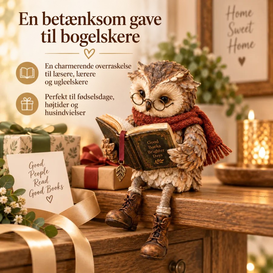 Uglen med bog og tørklæde sidder på et træbord blandt indpakkede gaver, bånd og et lys, vist som gaveidé. 7