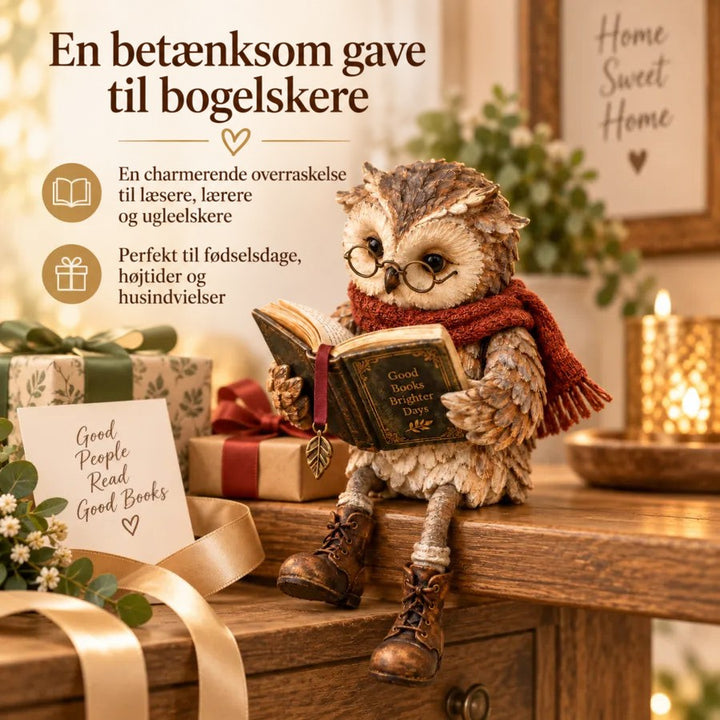 Uglen med bog og tørklæde sidder på et træbord blandt indpakkede gaver, bånd og et lys, vist som gaveidé. 7