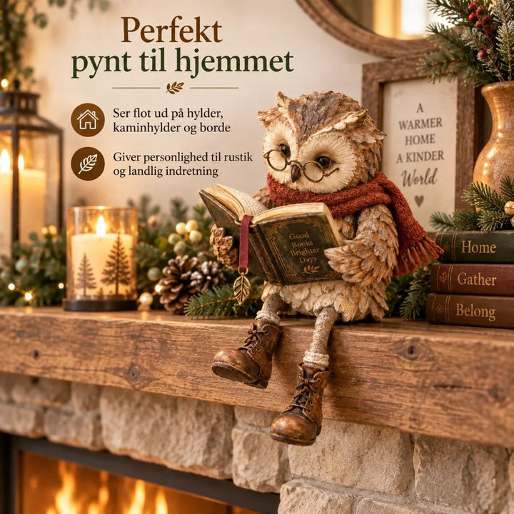 Uglen sidder på en rustik kaminhylde med stearinlys, grankviste og pinjekogler, klar til at pynte i hjemmet. 5