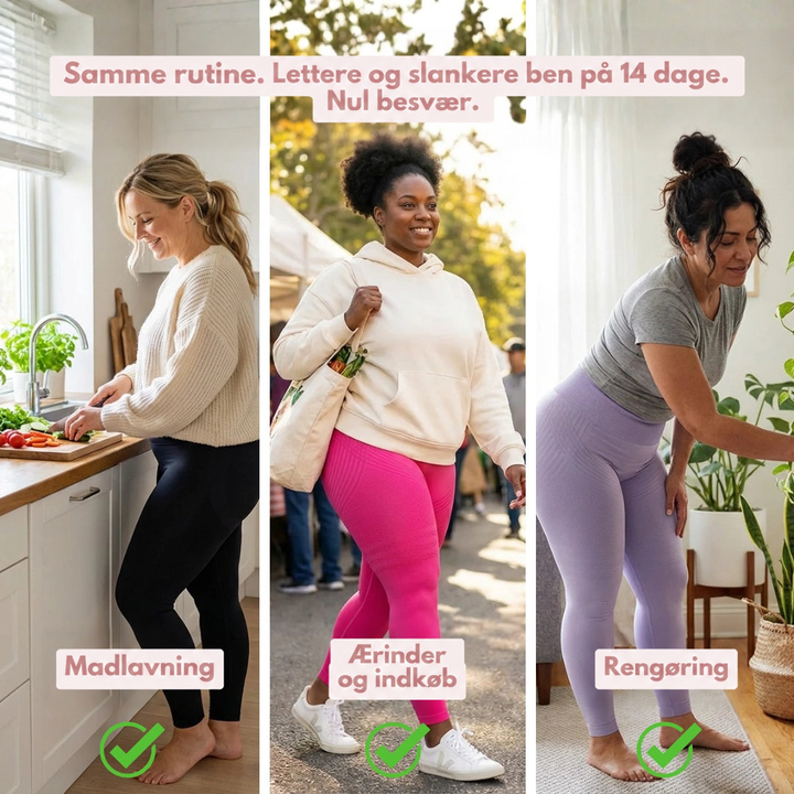 Tre kvinder i hverdagen i sorte, lyserøde og lilla leggings: madlavning, indkøb og rengøring. 15