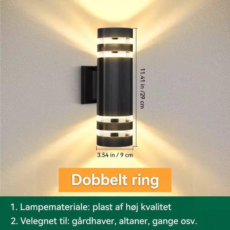 Cylinderlampe med dobbelte lysbånd i hver ende, vist med mål på højde og diameter 14