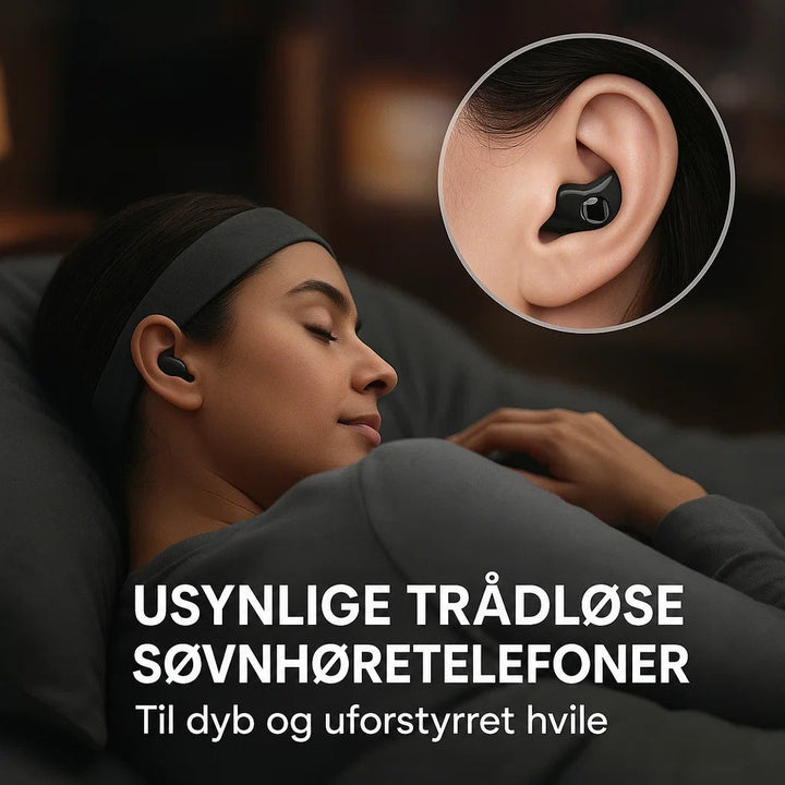Kvinde med pandebånd sover på siden med en sort øretelefon, cirkeludsnit viser den i øret 4