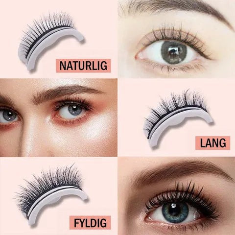 Collage af vipper på hvide bærere og øjne med naturlige, lange og tykke vipper til sammenligning. 5