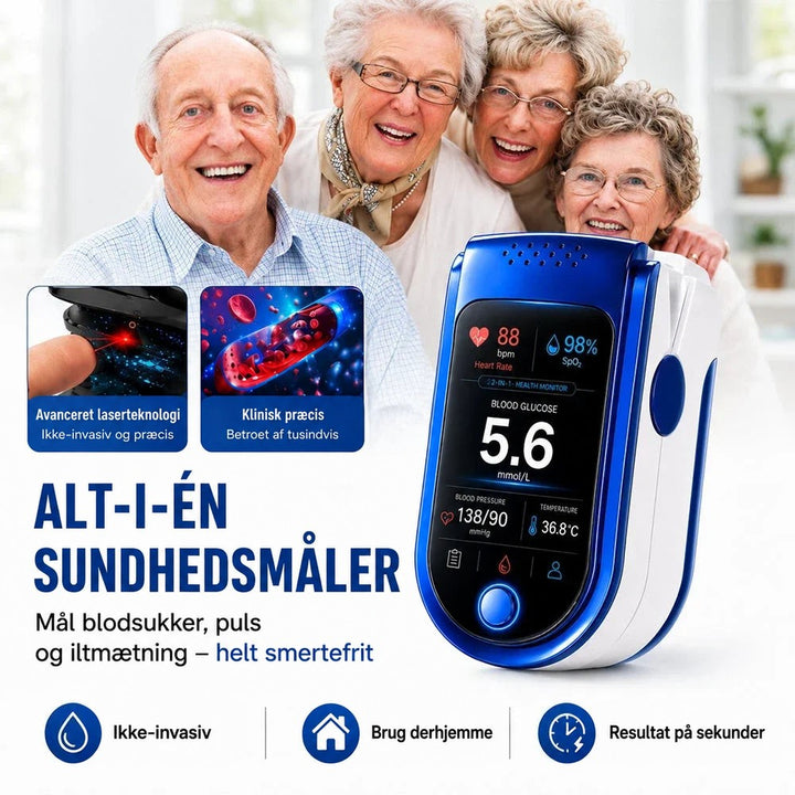 Fire glade ældre mennesker bag den blå og hvide monitor, med to små indsatsbilleder af lasersensor og blodceller samt ikoner for hjemmebrug. 2