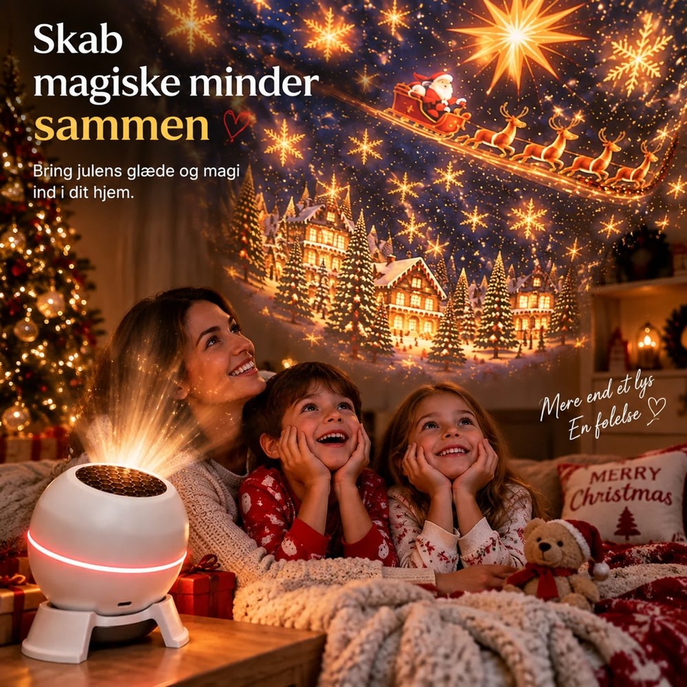 Mor og to smilende børn ligger under tæpper og kigger op på julemotiverne 6