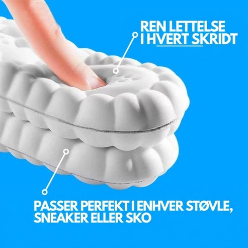 Tæt på to stablede hvide såler, hvor en finger trykker ned i det bløde skum for at vise dæmpningen. 5