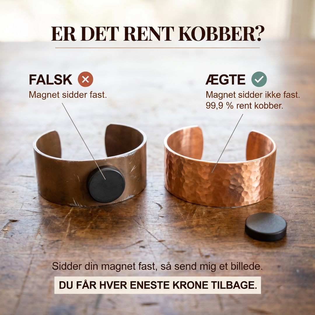 Infografik, der sammenligner to brede kobbermanchetter på et træbord, hvor en magnet sidder fast på den ene og ikke på den anden. 3
