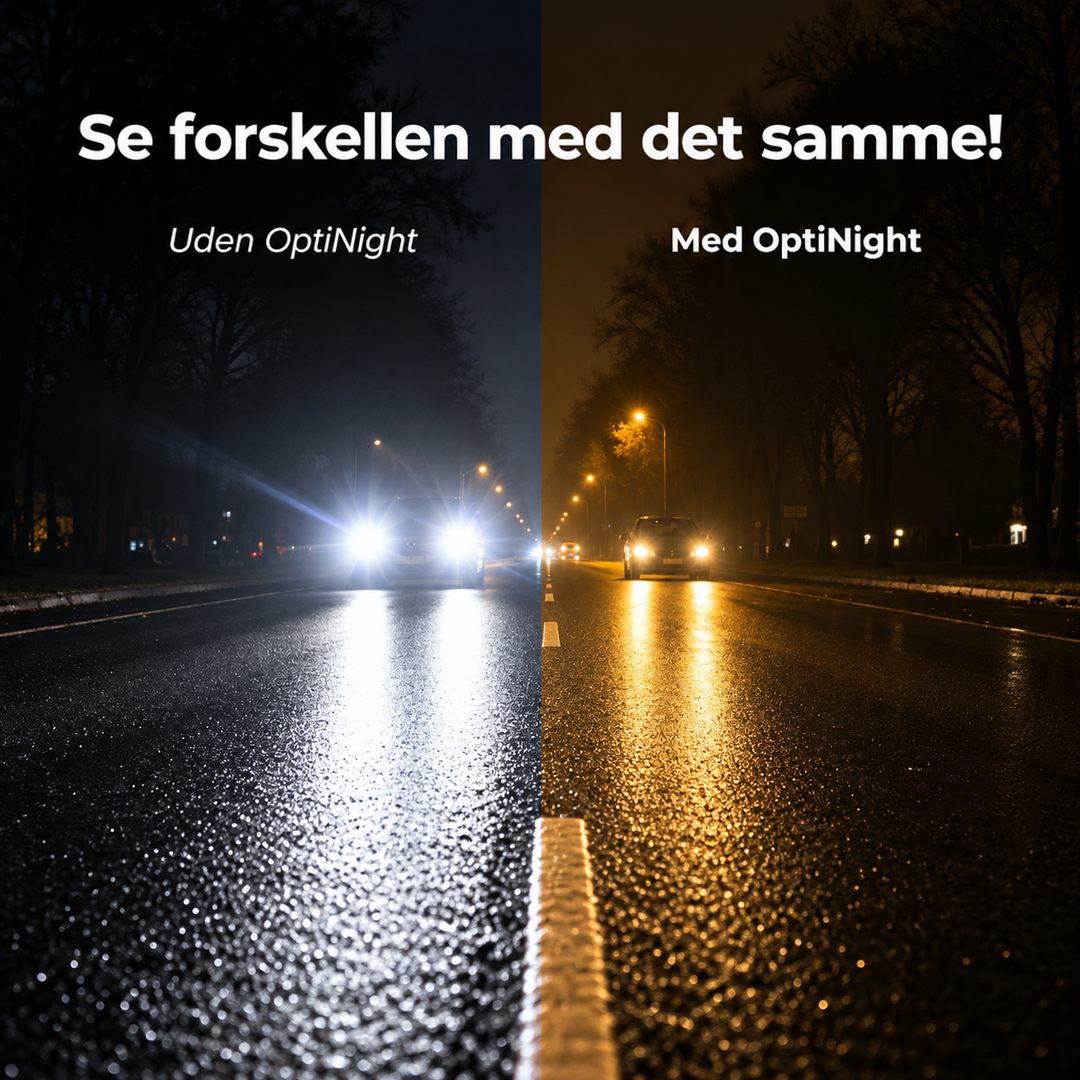 Delt billede af en våd vej om natten: til venstre skarp blænding fra modkørende, til højre klarere udsyn med gule linser. 2
