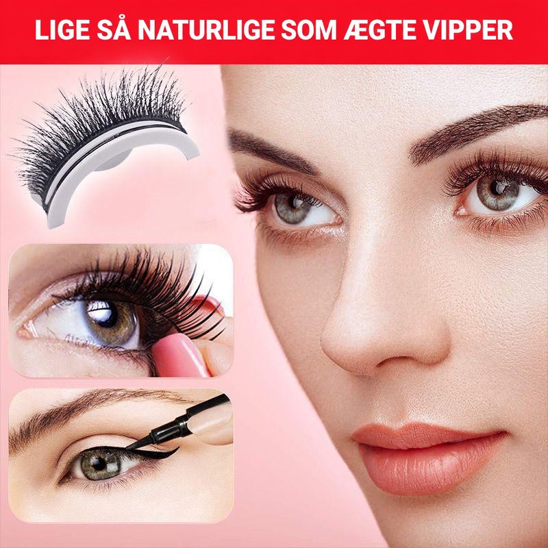 Hvid bærer med tætte vipper og to nærbilleder af øjne, hvor vipperne sættes på og eyeliner tegnes. 9