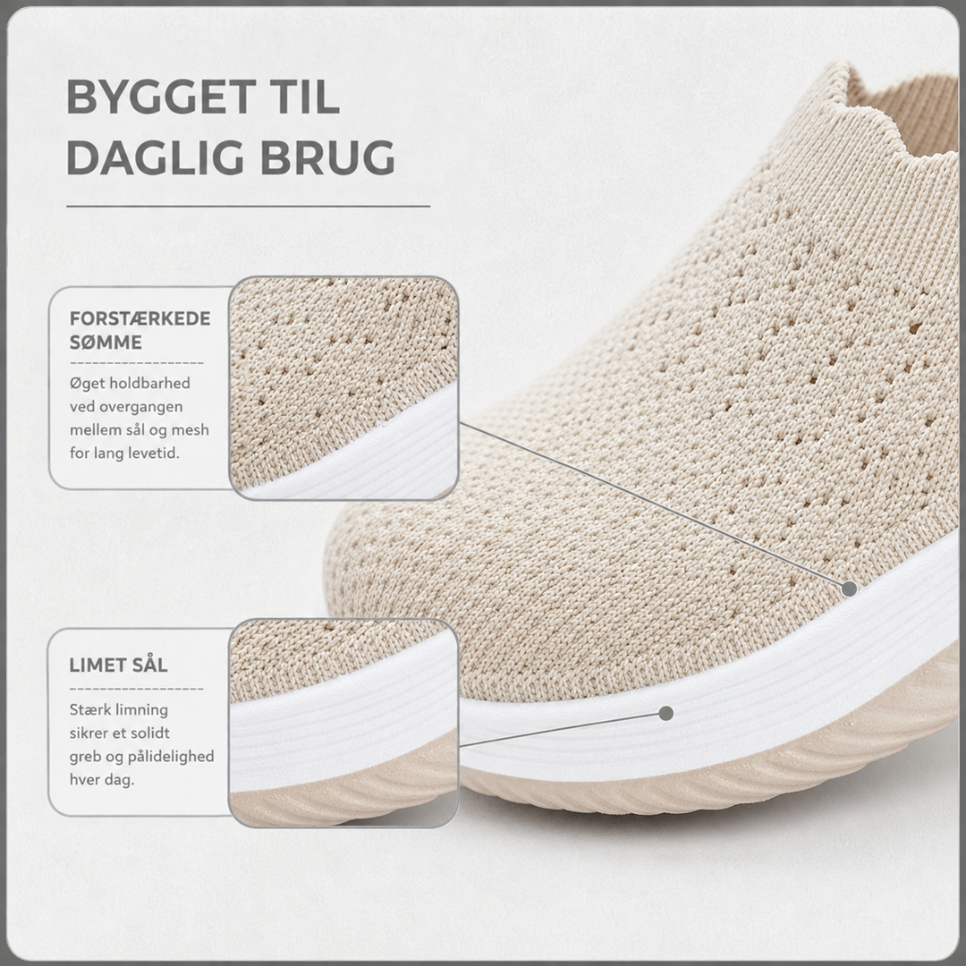 Nærbillede af beige strikoverdel og hvid sål med forklaring om forstærkede sømme og limet sål 4