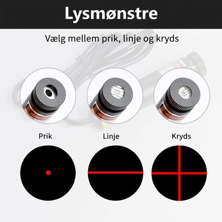 Nærbilleder af laserhovedets tre linser med de tilsvarende røde mønstre: punkt, streg og kryds 7