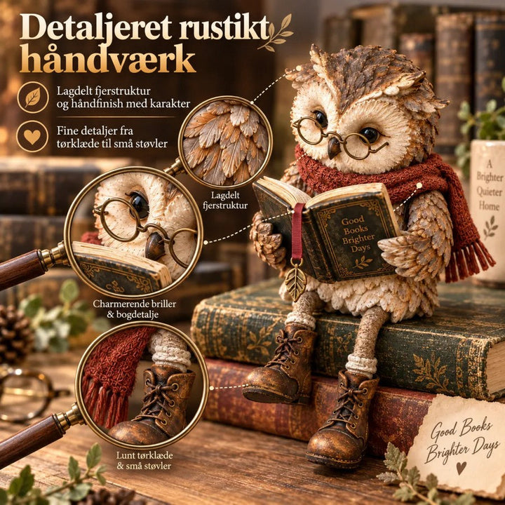 Uglefiguren på bogstak med tre forstørrelsesglas, der viser detaljer i fjerene, brillerne og bogen samt tørklæde og støvler. 4