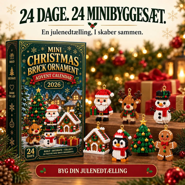 Æsken med syv klodsfigurer foran: julemand, rensdyr, snemand, honningkagehus, pingvin, juletræ og honningkagemand. 8