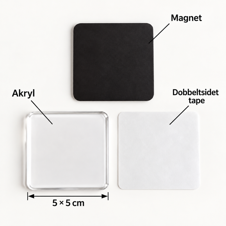 Akrylplade, sort magnet og dobbeltklæbende tape lagt ved siden af hinanden på hvid baggrund med målangivelse 8
