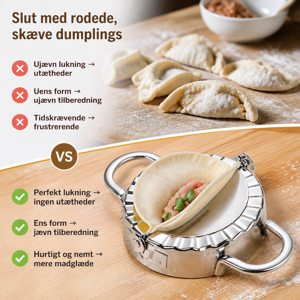 Sammenligning af uens, hjemmelavede dumplings foroven og en jævn dumpling fyldt med kød og forårsløg i formen forneden. 2