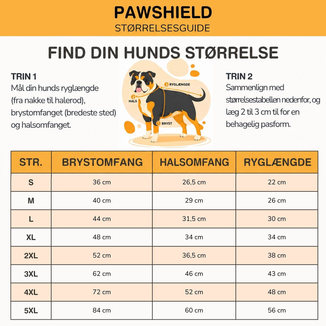 Størrelsesguide med illustration af en hund og tabel over bryst-, hals- og rygmål fra S til 5XL. 10