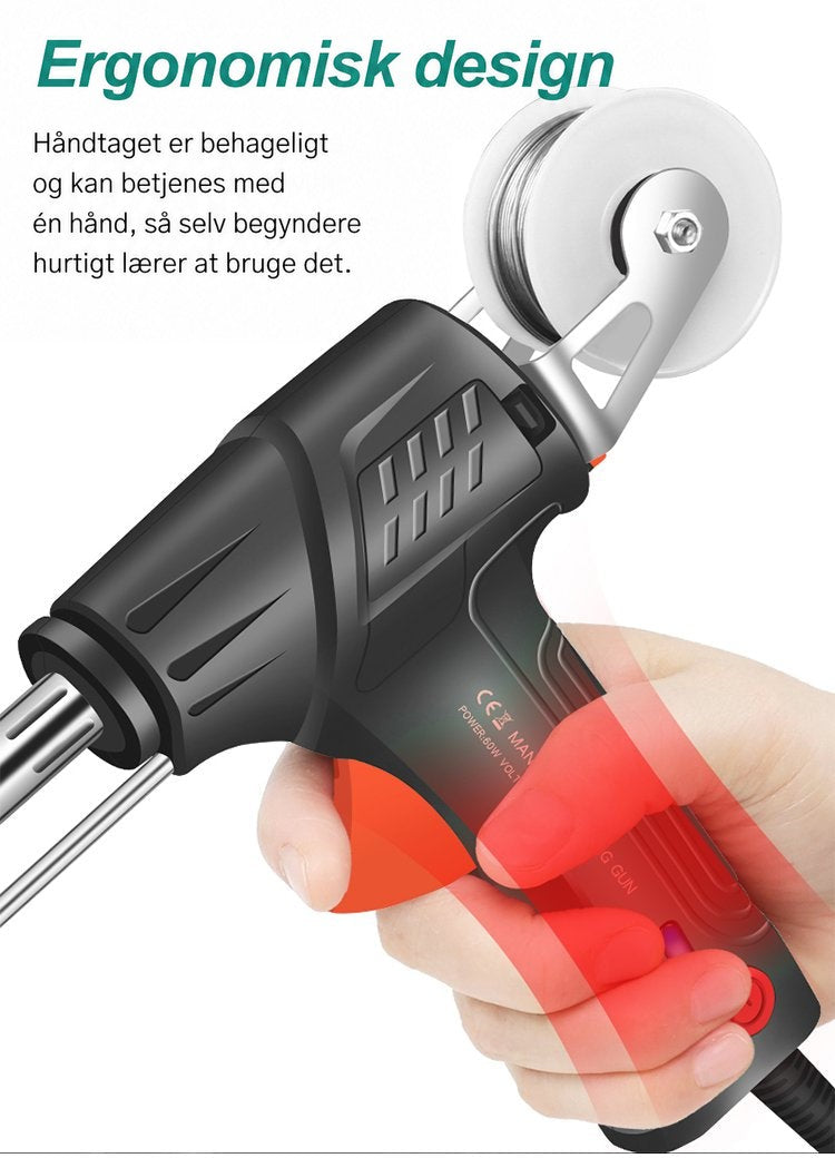 Hånd griber om pistolens ergonomiske håndtag med loddetrådsrulle oven på, markeret i rødt 6