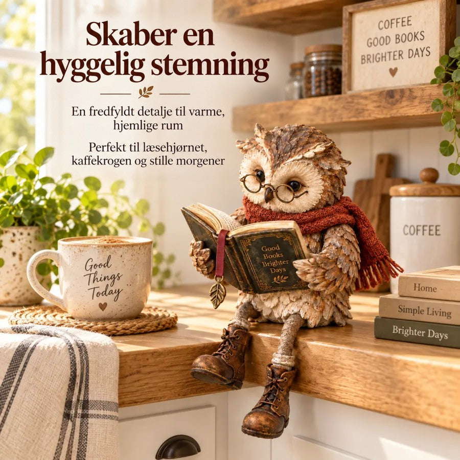 Uglefiguren sidder på en køkkenbordplade af træ ved et krus, en plante og en stak bøger i morgenlyset. 6