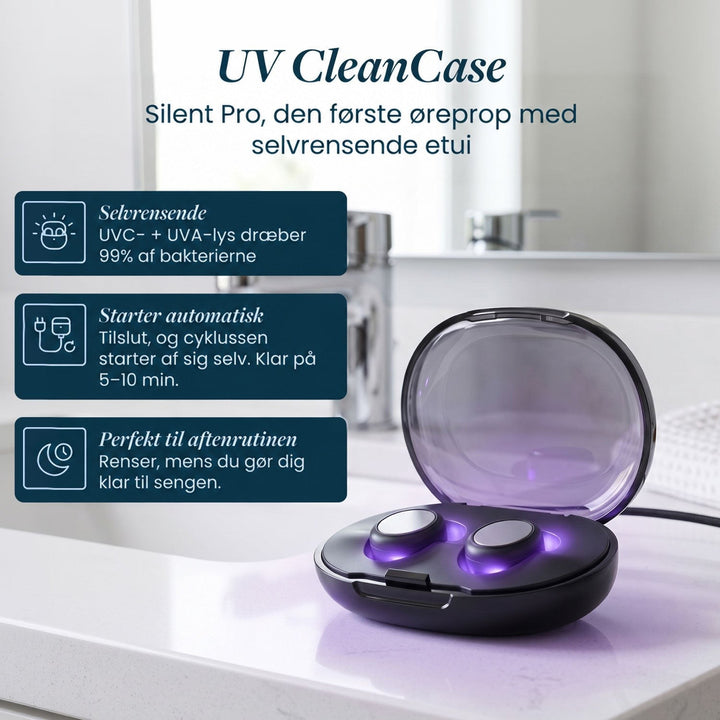 Tysksproget udgave af UV-etuiet, der lyser violet med to ørepropper på en badeværelsesbordplade, med tre tekstbokse. 12