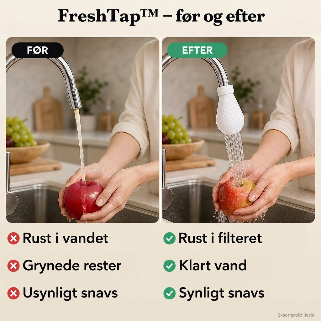 Før og efter: vand fra åben vandhane over et rødt æble, og vand gennem filterposen over et æble. 9