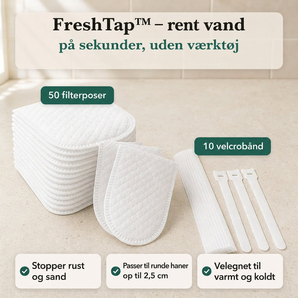 Stak af hvide filterposer med to løse poser foran og tre hvide velcrobånd på en lys bordplade. 1