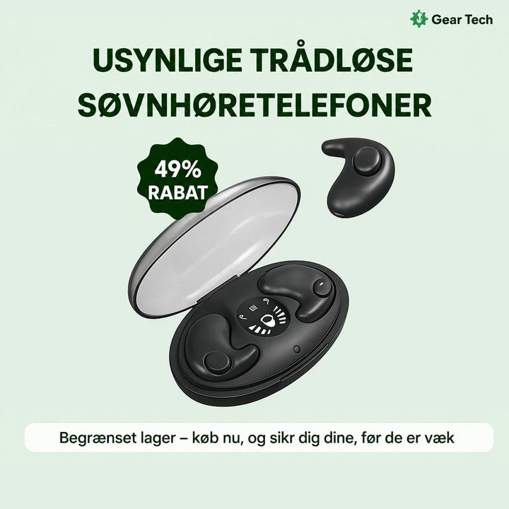 Sort opladeretui med display og to buede øretelefoner, den ene ligger løs ved siden af 8
