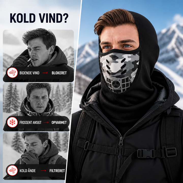 Mand med sort ansigtsmaske i bjergene, ved siden af tre små billeder af mand i kulde, der viser vindbeskyttelse. 2