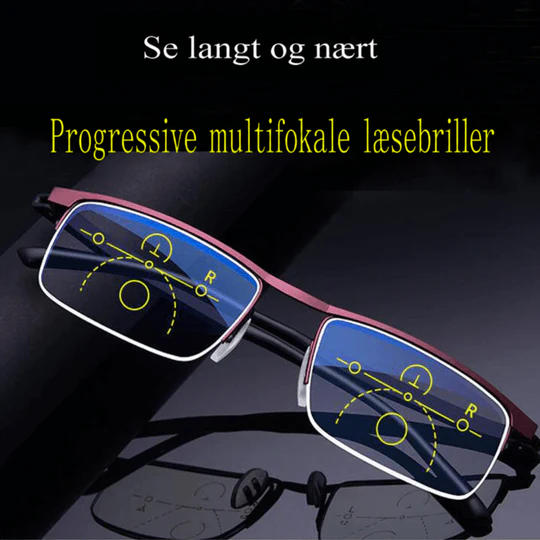 Halvbrille med rødbrunt stel set forfra, glassene viser tydelige zoner til afstand og nærsyn 2