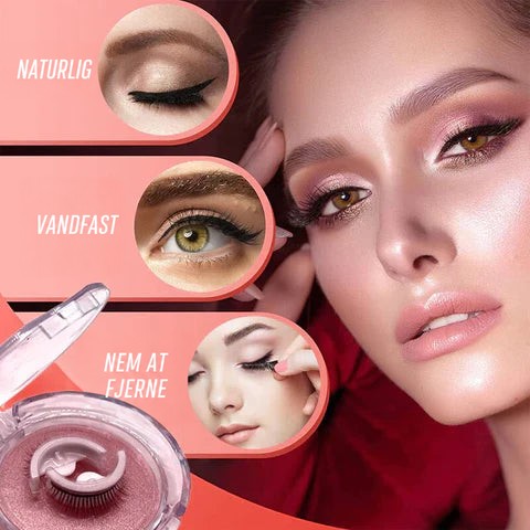 Kvinde med lyserød makeup og kunstige vipper ved siden af tre små cirkler om naturligt look, vandtæthed og nem fjernelse. 3