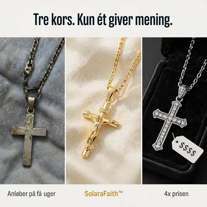 Tre kors side om side: et anløbet, det guldfarvede krucifiks i midten og et sølvfarvet med stene 5