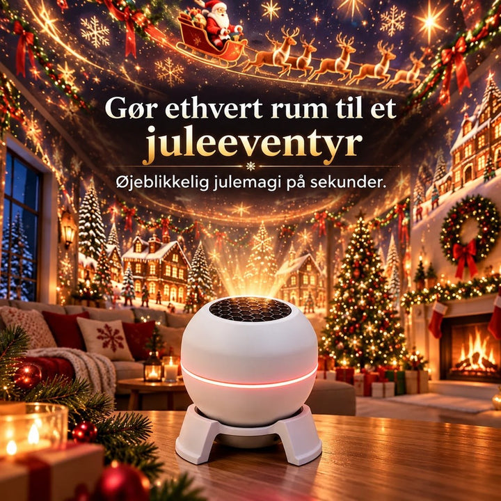 Hvid kuglelampe på bord kaster julescene med nisse og rensdyr over hele stuen 2