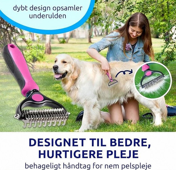 Kvinde børster en golden retriever udendørs i græsset med en lyserød rive, med et lille indsat billede af tænderne fyldt med hår. 8