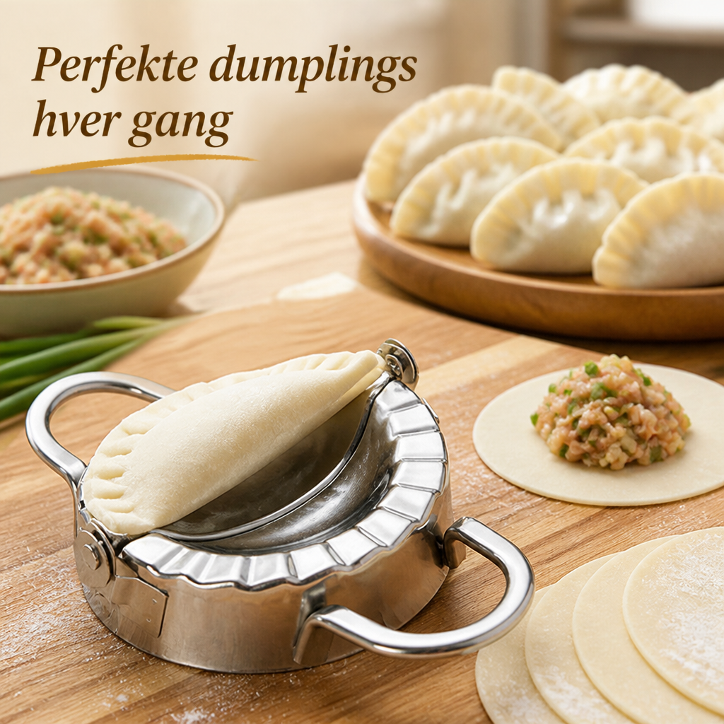 Dumplingformen i rustfrit stål med en foldet dumpling på et træskærebræt, omgivet af dejrunde, fyld og færdige dumplings. 1