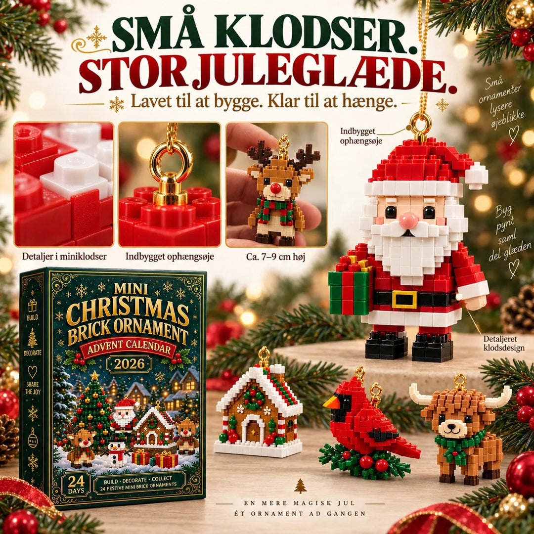 Nærbilleder af klodsdetaljer, den indbyggede guldløkke og et rensdyr i hånden, ved siden af en stor julemandsfigur og æsken. 6