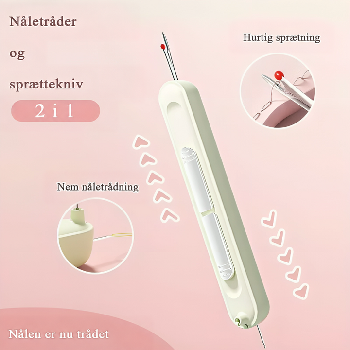 Lysegrøn 2-i-1 nåletræder og opsprætter set fra siden med små detaljebilleder af optrævling og trådning 1
