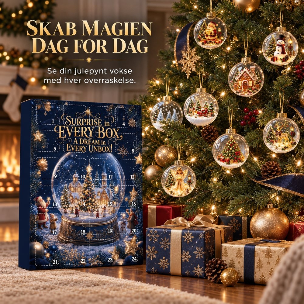 Kalenderen ved siden af et pyntet juletræ, hvor en række af kuglerne hænger i grenene 5