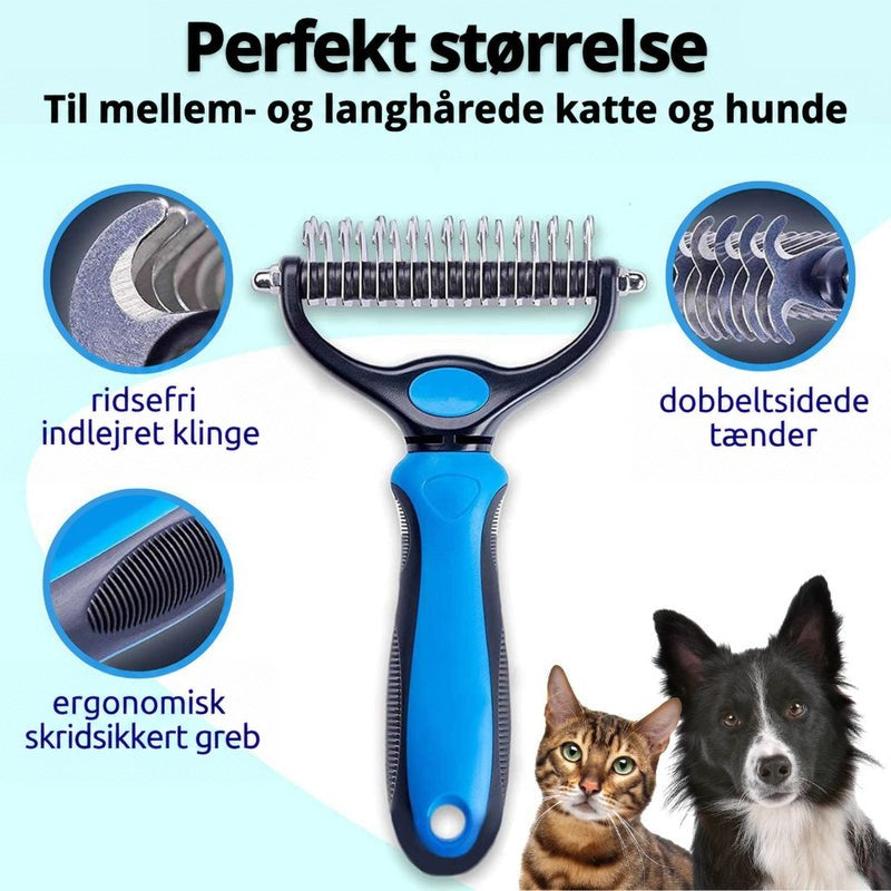 Blå og sort plejerive med skridsikkert greb, med detaljer af tænderne og grebet samt en kat og en hund nederst. 1