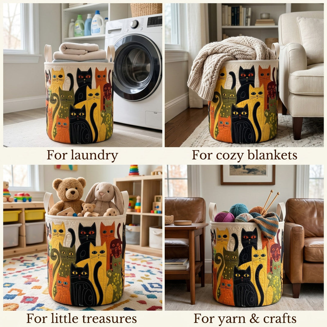 Fire billeder af kurven brugt til vasketøj ved vaskemaskinen, tæpper i stuen, bamser og legetøj samt garn og strikketøj. 2