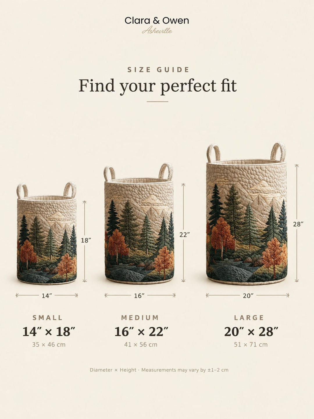 Størrelsesguide med tre kurve med skovmotiv i small, medium og large, med mål i tommer og centimeter. 14