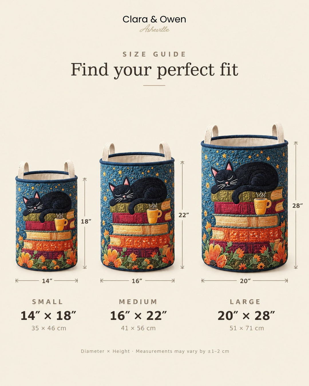 Størrelsesguide med kurven i tre størrelser, small, medium og large, ved siden af hinanden med mål for diameter og højde. 5