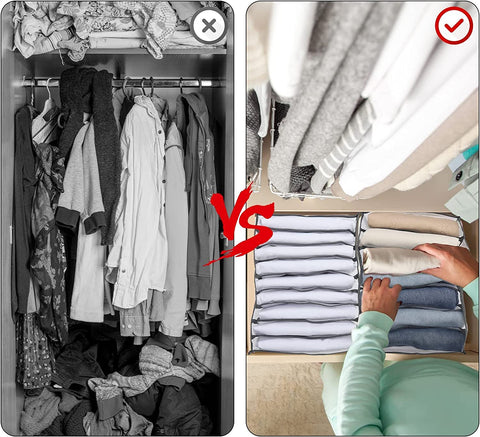 Før-og-efter-sammenligning: en rodet garderobe med tøj i bunker overfor foldet tøj, der står pænt på række i opdelte poser. 2