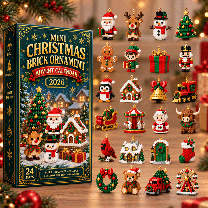 Æsken og alle 24 minifigurer af klodser, bl.a. julemand, rensdyr og kagehus, stillet op på et træbord med julepynt. 2