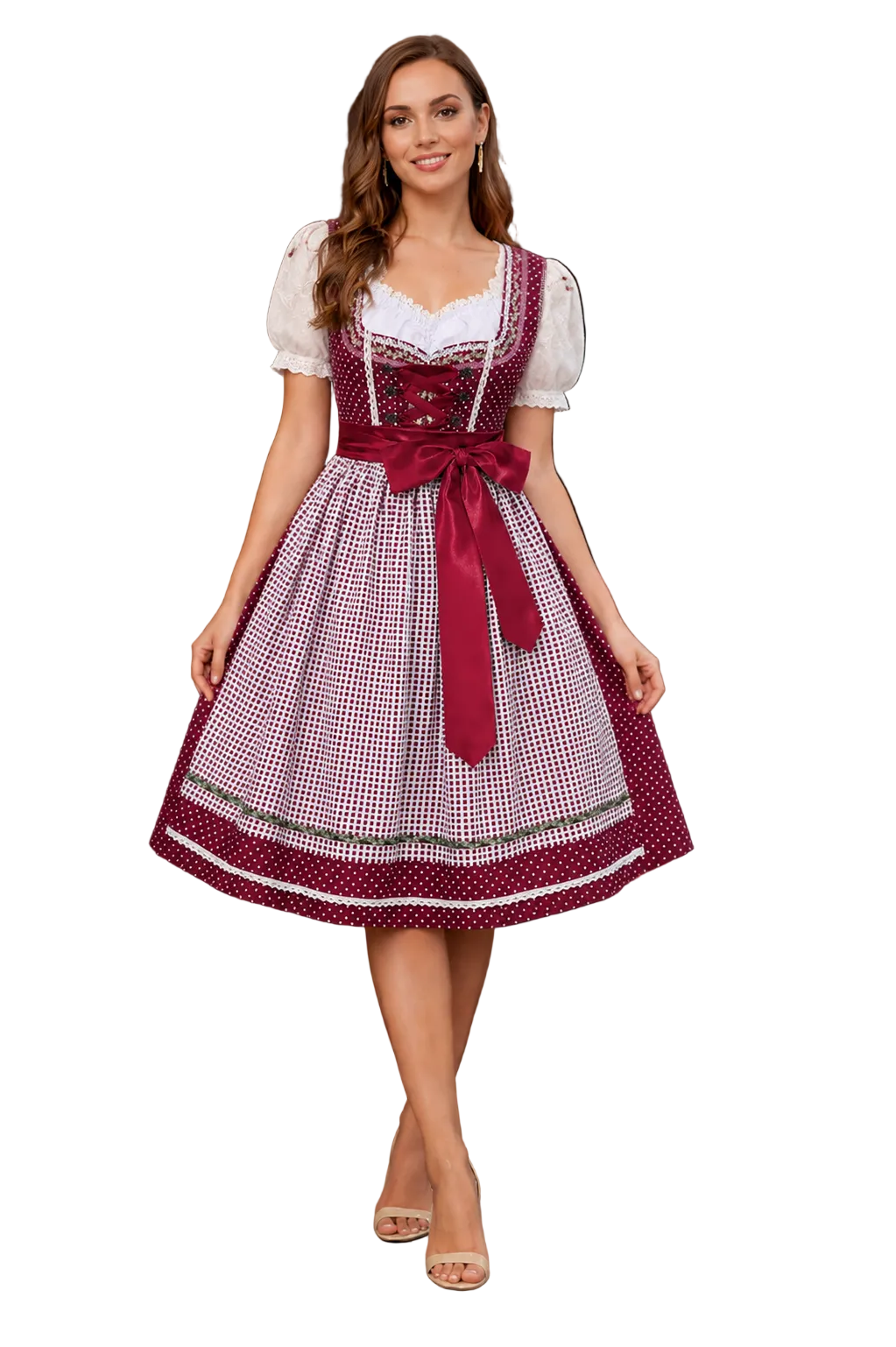 Model set forfra i vinrød dirndl med hvide prikker, ternet forklæde, stor satinsløjfe, snøring i livet og hvid bluse med puffærmer. 1