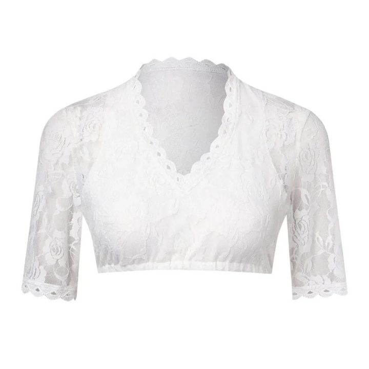 Den hvide blonde crop top set forfra uden model, med V-udskæring og udskårne kanter ved hals og ærmer. 3