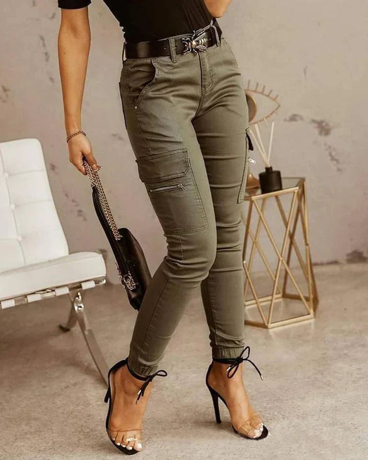 Dame cargo jeans med elastiske ribkanter – Nadine
