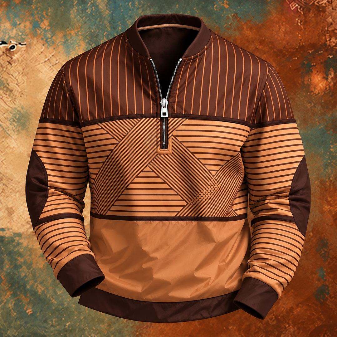 Pullover med halv lynlås i brune og orange striber med geometrisk mønster, vist forfra. 5