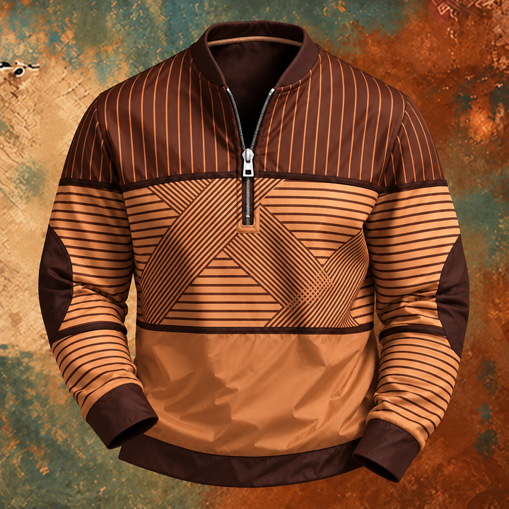 Pullover med halv lynlås i brune og orange striber med geometrisk mønster, vist forfra. 5
