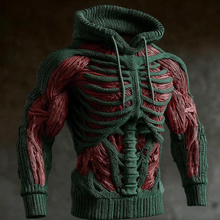 Strikket hættetrøje i mørkegrøn med 3D-skeletdesign og røde muskelfibre på arme og mave, vist forfra. 3