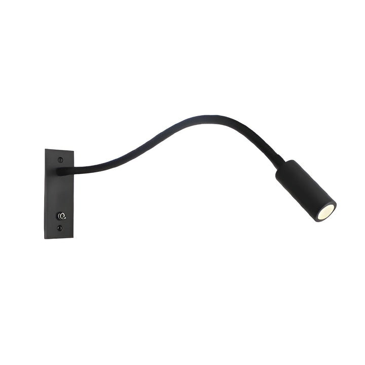 Mat sort lampe med bøjelig svanehals, rektangulær vægplade med vippekontakt og cylindrisk lampehoved, frit stillet mod hvid baggrund. 1