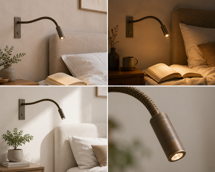Collage med fire billeder af lampen i antik bronzefinish: tre soveværelsesmiljøer med bog og pude samt et nærbillede af lampehovedet. 5